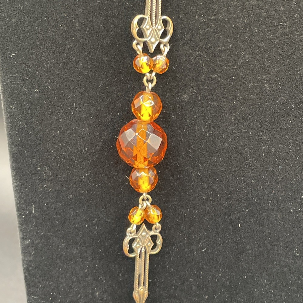 Antique c1920's Art Deco Czech Amber Glass Brass Filigree Flapper Necklace 40" - Picture 6 of 11